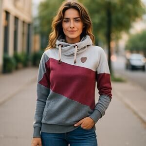 Wanakome hoodie, gray with berry pull-over sweatshirt, women's S
